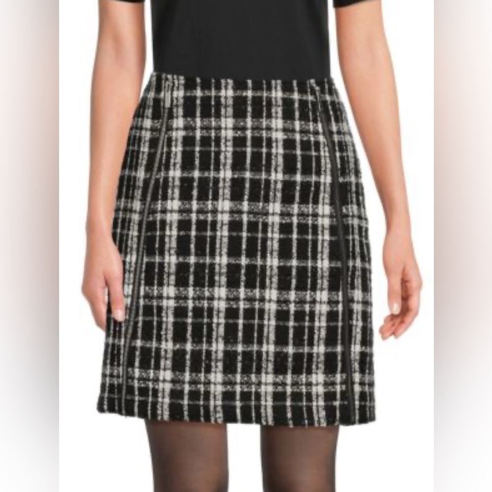 Calvin Klein NWT Black & White Plaid Tweed Metallic Sparkle Zipper Mini Skirt 6